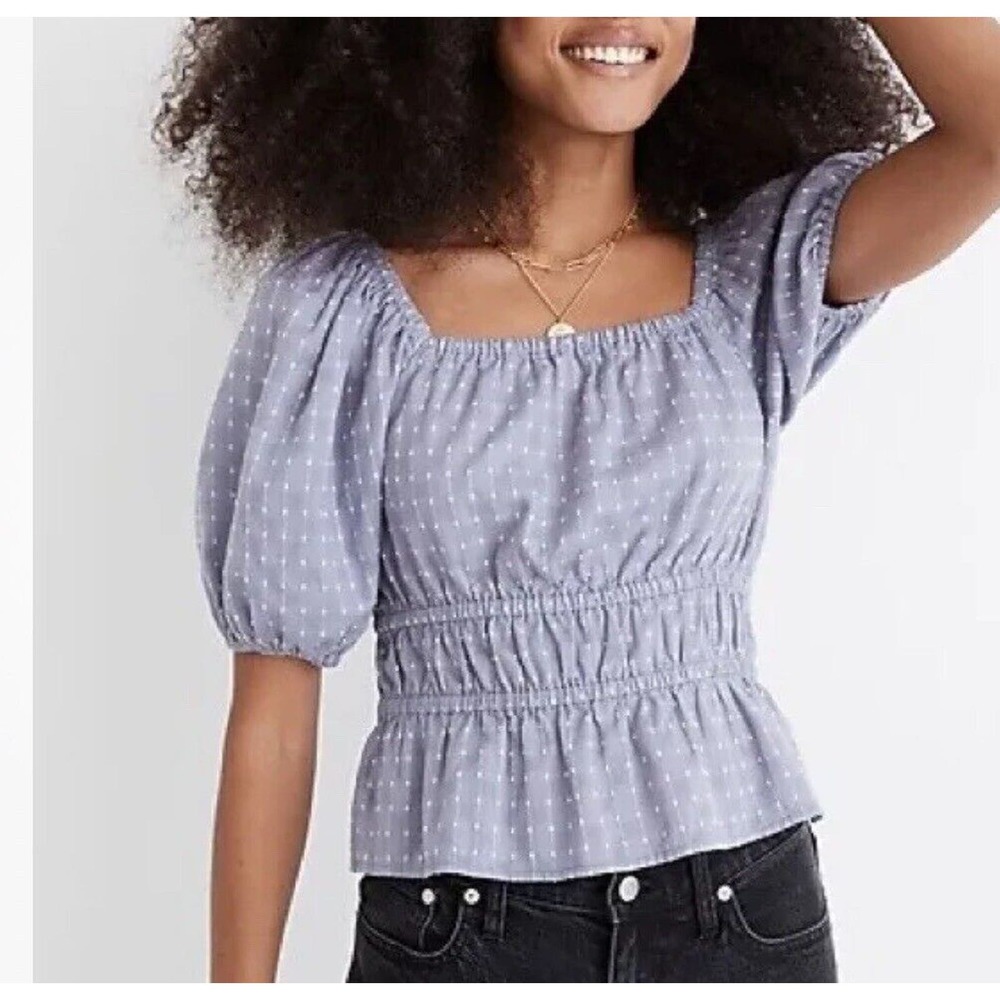 Madewell Smocked-Waist Crop Top in Textured Dot Size Xs Purple New Polka Dot